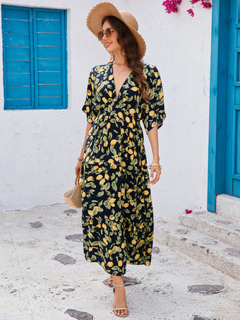 2025年夏向け、レモンプリントVネックマキシドレス（バットウィングスリーブ）