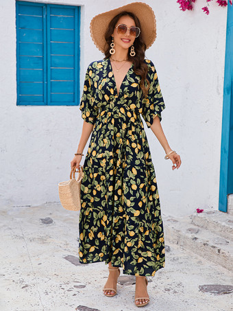 2025年夏向け、レモンプリントVネックマキシドレス（バットウィングスリーブ）