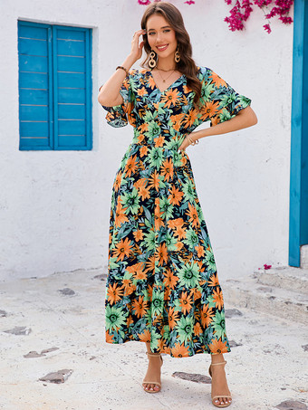 グラスグリーン2025年夏にぴったりな、花柄Vネック半袖マキシワンピース