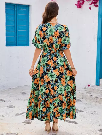 Floerns Abito lungo da donna Boho stampa floreale collo quadrato balza