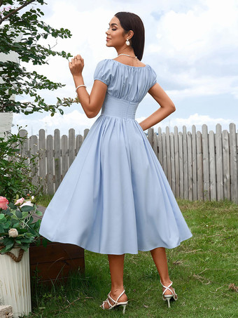 パフスリーブのスクエアネックミディドレス 2025