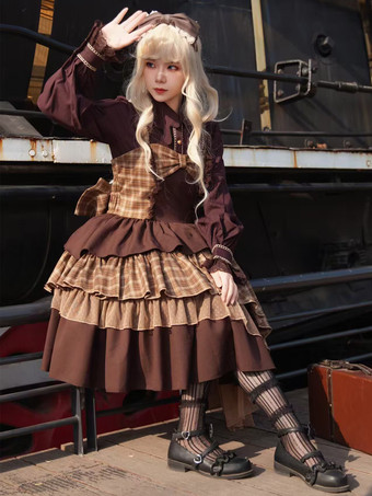 クラシカルなロリータドレス ポリエステル レース ノースリーブ ライトブラウン ロリータドレス