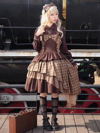 クラシカルなロリータドレス ポリエステル レース ノースリーブ ライトブラウン ロリータドレス