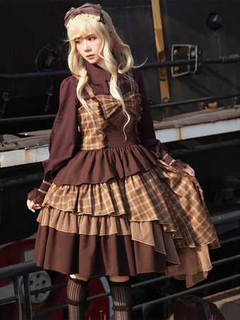 ライトブラウンクラシカルなロリータドレス ポリエステル レース ノースリーブ ライトブラウン ロリータドレス