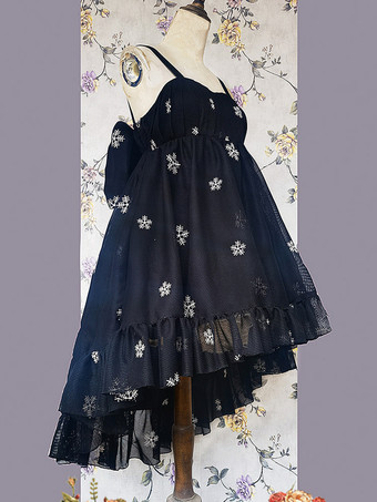 スイートロリータドレス ポリエステル ノースリーブ フリル ブラック ロリータドレス JSK