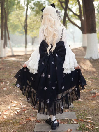 スイートロリータドレス ポリエステル ノースリーブ フリル ブラック ロリータドレス JSK