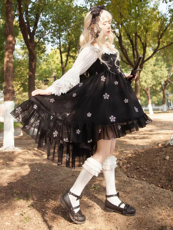 スイートロリータドレス ポリエステル ノースリーブ フリル ブラック ロリータドレス JSK