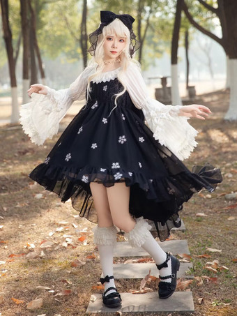ブラック スイートロリータドレス ポリエステル ノースリーブ フリル ブラック ロリータドレス JSK