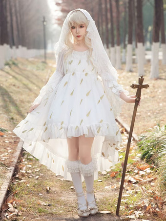 ホワイト スイートロリータドレス ポリエステル ノースリーブ フリル ブラック ロリータドレス JSK