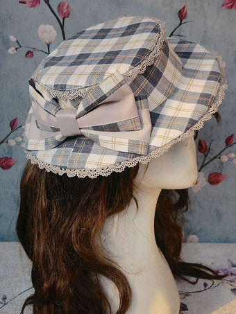 パステルブルーロココ調ロリータハット インファンタ ブラウン リボン アクセサリー ストライプ チェック柄 ポリエステル ロリータ アクセサリー