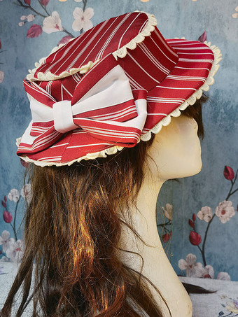 レッド ロココ調ロリータハット インファンタ ブラウン リボン アクセサリー ストライプ チェック柄 ポリエステル ロリータ アクセサリー