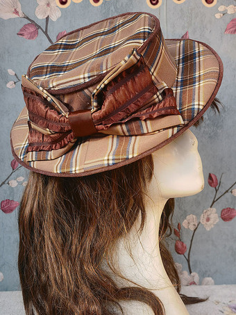 ディープブラウンロココ調ロリータハット インファンタ ブラウン リボン アクセサリー ストライプ チェック柄 ポリエステル ロリータ アクセサリー