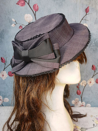 ディープブルーロココ調ロリータハット インファンタ ブラウン リボン アクセサリー ストライプ チェック柄 ポリエステル ロリータ アクセサリー