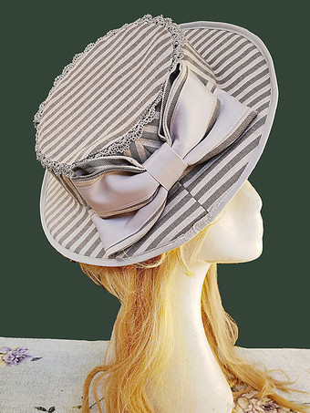 ライトグレー ロココ調ロリータハット インファンタ ブラウン リボン アクセサリー ストライプ チェック柄 ポリエステル ロリータ アクセサリー