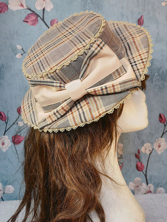 ブラウン ロココ調ロリータハット インファンタ ブラウン リボン アクセサリー ストライプ チェック柄 ポリエステル ロリータ アクセサリー