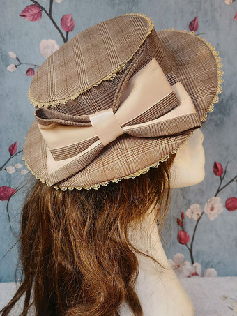 ブラウンロココ調ロリータハット インファンタ ブラウン リボン アクセサリー ストライプ チェック柄 ポリエステル ロリータ アクセサリー