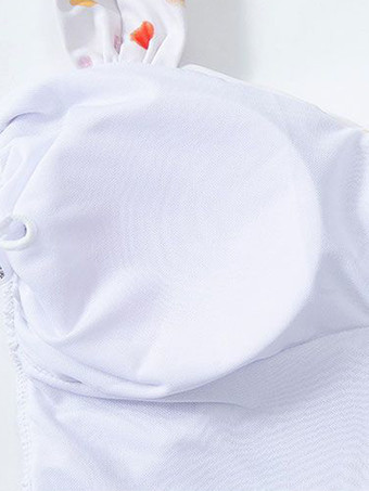 ワンピース水着 スイートロリータ ホワイト 水玉模様 レースアップ プリーツ ノースリーブ 水着