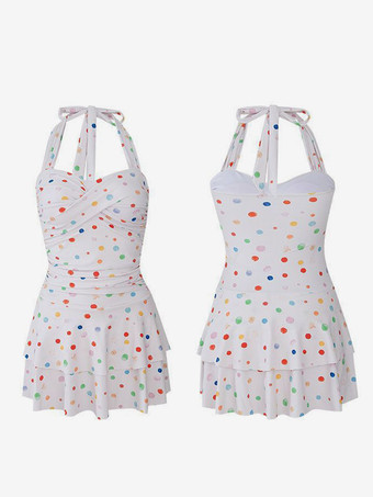 ワンピース水着 スイートロリータ ホワイト 水玉模様 レースアップ プリーツ ノースリーブ 水着