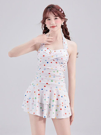 ワンピース水着 スイートロリータ ホワイト 水玉模様 レースアップ プリーツ ノースリーブ 水着