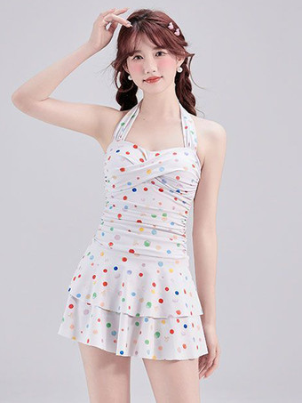 ワンピース水着 スイートロリータ ホワイト 水玉模様 レースアップ プリーツ ノースリーブ 水着