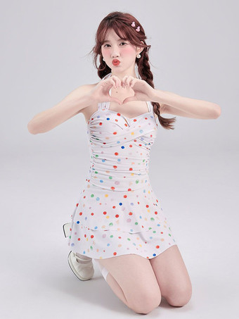 ワンピース水着 スイートロリータ ホワイト 水玉模様 レースアップ プリーツ ノースリーブ 水着