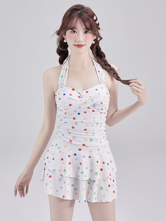 ワンピース水着 スイートロリータ ホワイト 水玉模様 レースアップ プリーツ ノースリーブ 水着