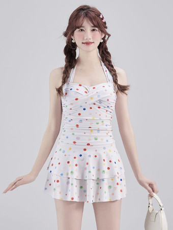 ホワイト ワンピース水着 スイートロリータ ホワイト 水玉模様 レースアップ プリーツ ノースリーブ 水着