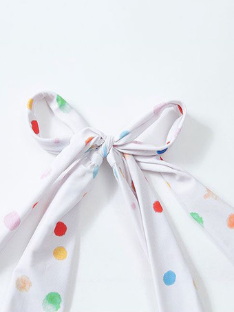 ワンピース水着 スイートロリータ ホワイト 水玉模様 レースアップ プリーツ ノースリーブ 水着