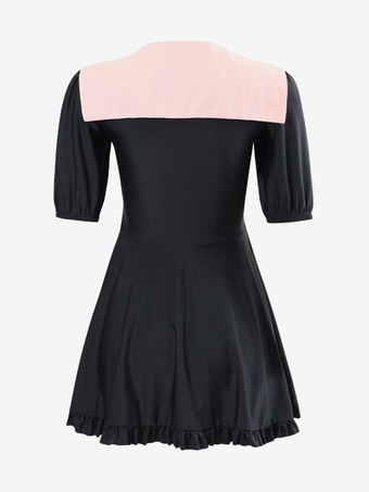 ワンピース水着 ブラック カラーブロック リボン レースアップ 半袖 パンツ付き