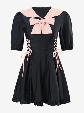 ワンピース水着 ブラック カラーブロック リボン レースアップ 半袖 パンツ付き