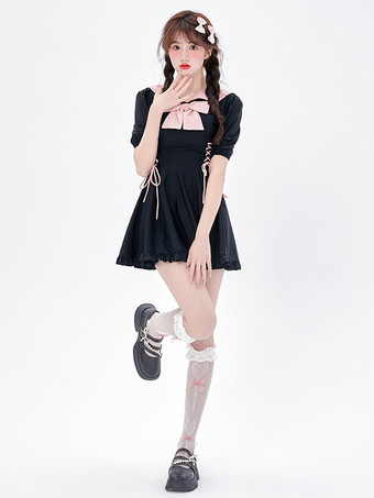 ワンピース水着 ブラック カラーブロック リボン レースアップ 半袖 パンツ付き