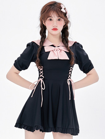 ワンピース水着 ブラック カラーブロック リボン レースアップ 半袖 パンツ付き