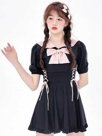 ワンピース水着 ブラック カラーブロック リボン レースアップ 半袖 パンツ付き