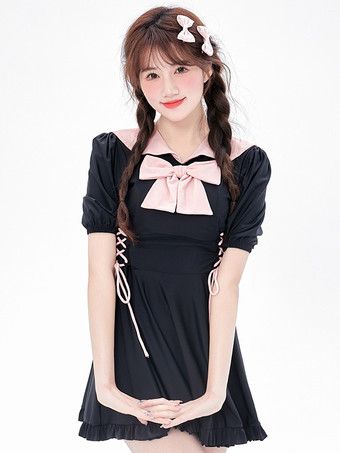 ワンピース水着 ブラック カラーブロック リボン レースアップ 半袖 パンツ付き