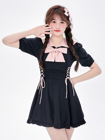 ブラック ワンピース水着 ブラック カラーブロック リボン レースアップ 半袖 パンツ付き