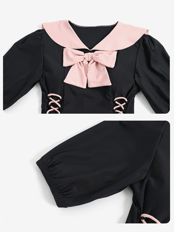 ワンピース水着 ブラック カラーブロック リボン レースアップ 半袖 パンツ付き
