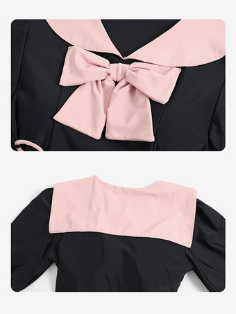 ワンピース水着 ブラック カラーブロック リボン レースアップ 半袖 パンツ付き