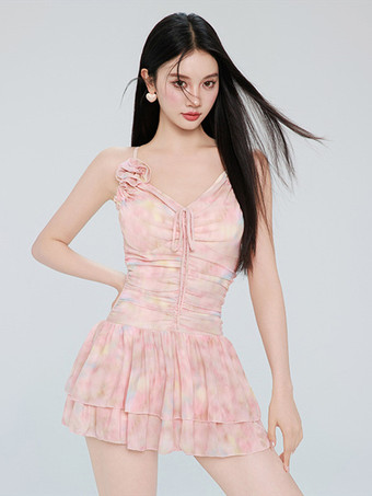 ピンクスイートロリータワンピース水着ピンクカラーブロックノースリーブ水着