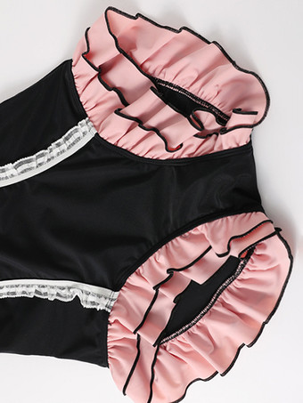 スイートロリータワンピース水着 ブラックカラーブロックリボンフリルノースリーブ水着