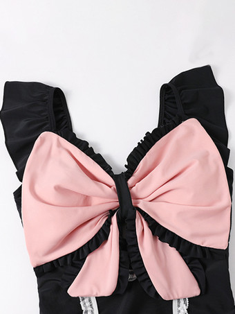 スイートロリータワンピース水着 ブラックカラーブロックリボンフリルノースリーブ水着