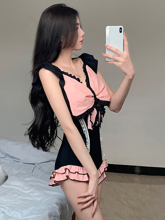 スイートロリータワンピース水着 ブラックカラーブロックリボンフリルノースリーブ水着