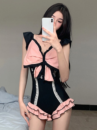 ブラック スイートロリータワンピース水着 ブラックカラーブロックリボンフリルノースリーブ水着