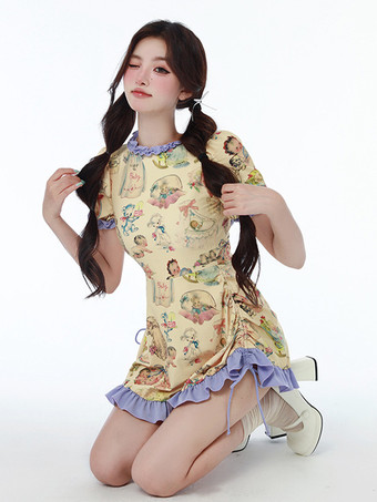 スイートロリータ水着 水着 衣装 ピンク フリル レースアップ 花柄 半袖 ドレス