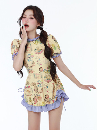 スイートロリータ水着 水着 衣装 ピンク フリル レースアップ 花柄 半袖 ドレス