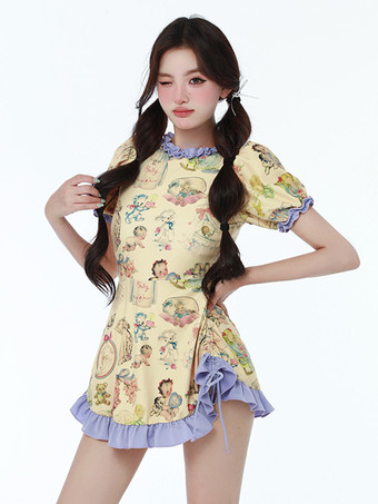 スイートロリータ水着 水着 衣装 ピンク フリル レースアップ 花柄 半袖 ドレス