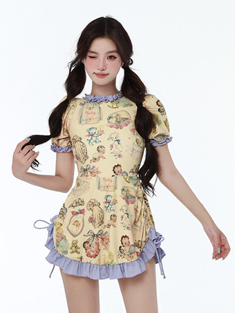 スイートロリータ水着 水着 衣装 ピンク フリル レースアップ 花柄 半袖 ドレス