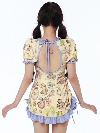 スイートロリータ水着 水着 衣装 ピンク フリル レースアップ 花柄 半袖 ドレス