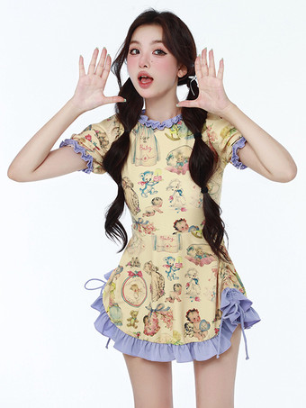 イエロースイートロリータ水着 水着 衣装 ピンク フリル レースアップ 花柄 半袖 ドレス