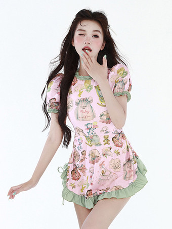 スイートロリータ水着 水着 衣装 ピンク フリル レースアップ 花柄 半袖 ドレス