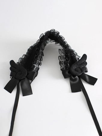 ブラック ゴシックロリータアクセサリーエクリュホワイトフリルリボンレースヘッドウェアヘッドドレス